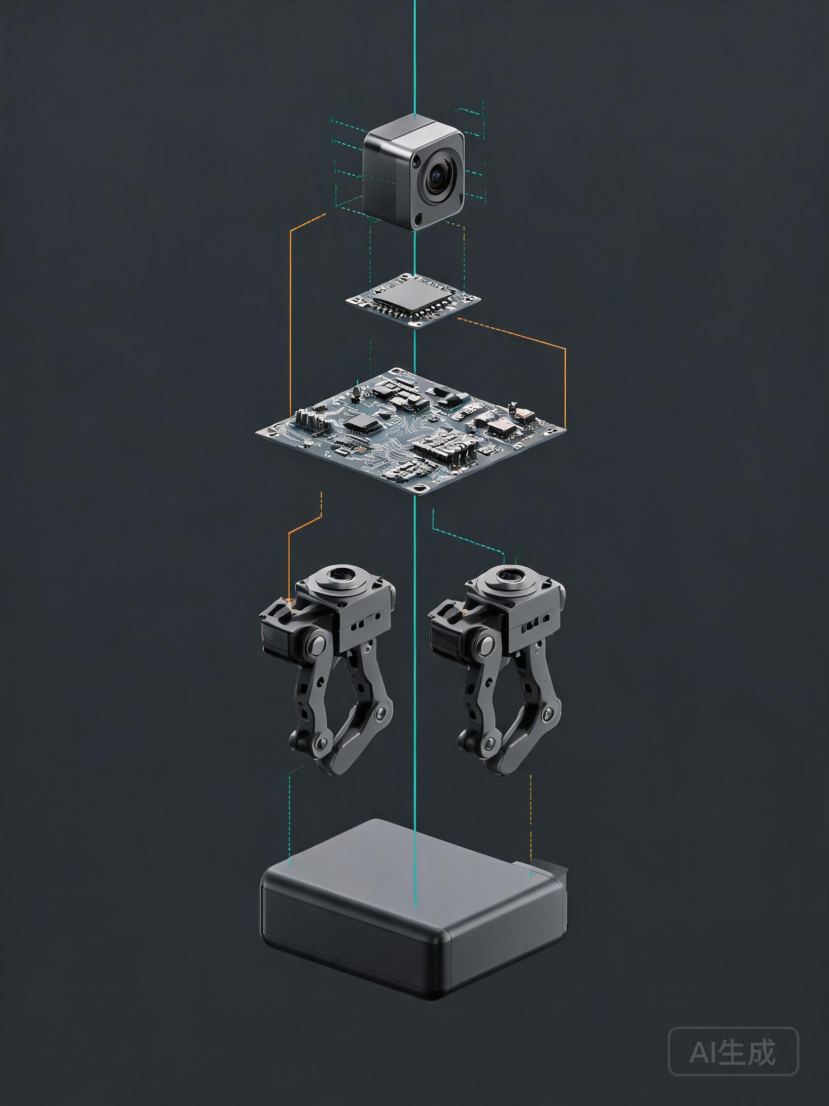 AI concept illustration of an exploded-view robot with separated modules