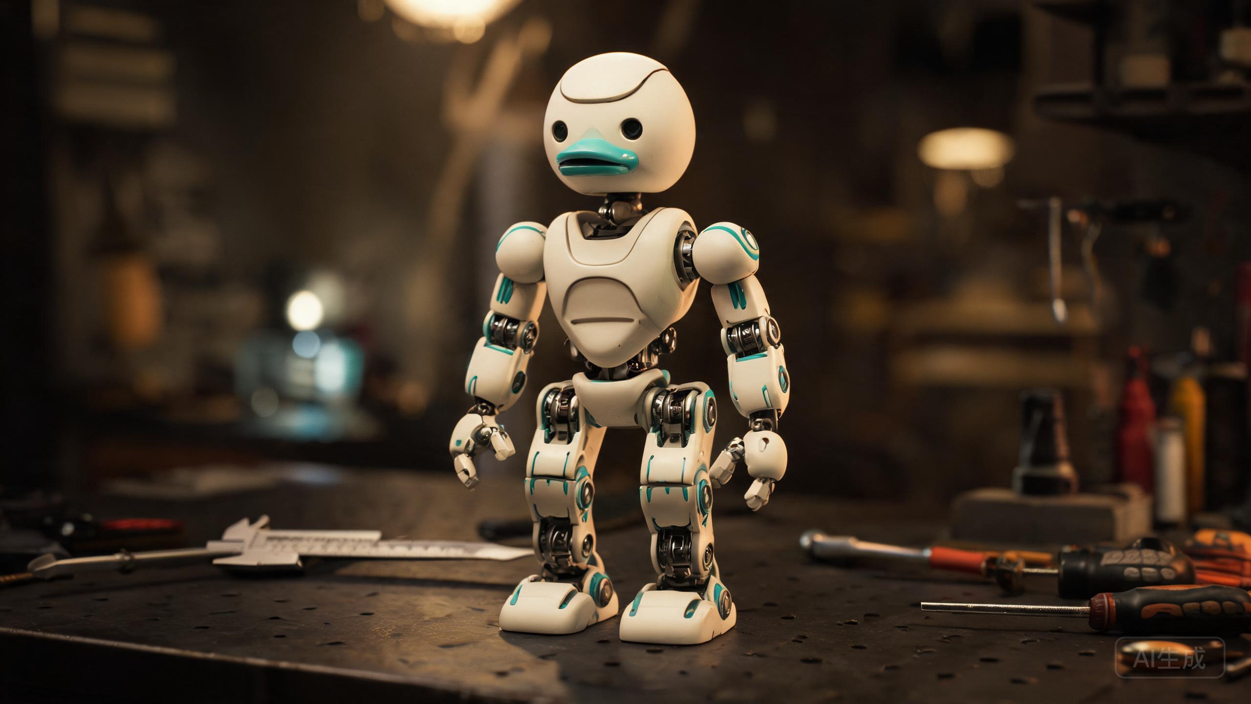 AI concept illustration of a compact biped robot on an engineering workbench