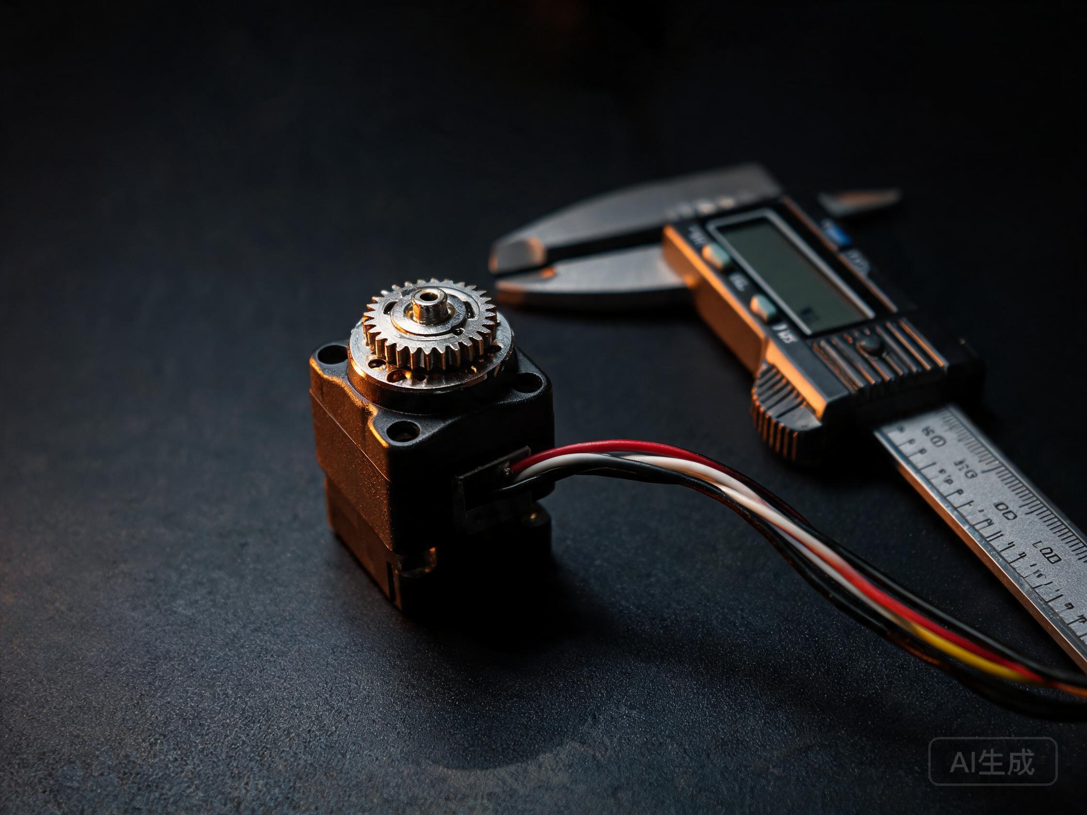 AI concept illustration of a serial-bus servo and calipers on a workbench